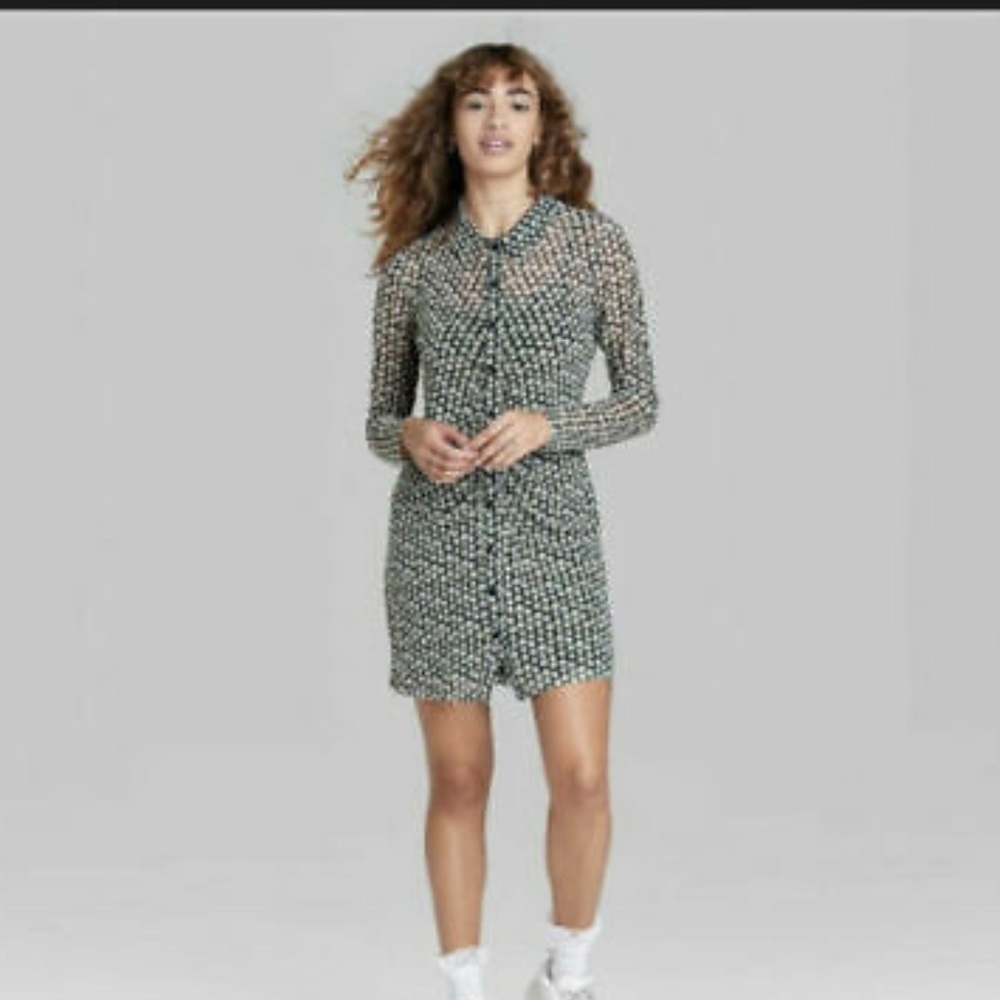 Women's Long Sleeve Button-Front Mesh Dress - Wild Fable Black Floral